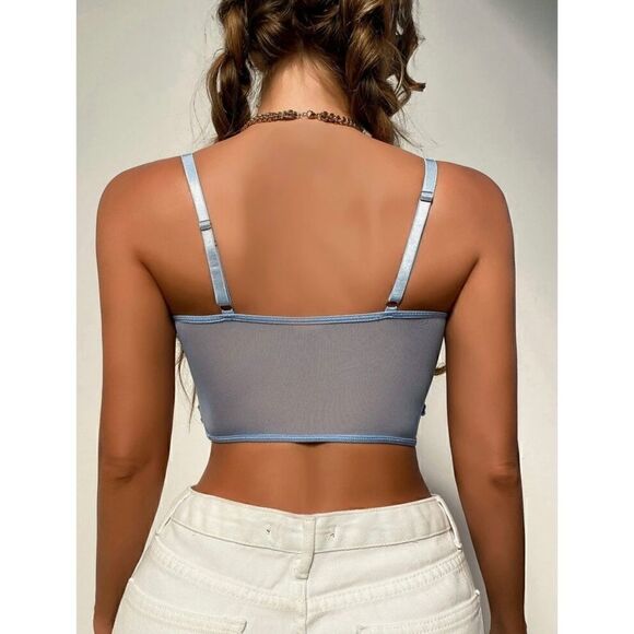 LUXE Romantic Floral Mesh Underwire Crop top - BLUE - Picture 4 of 8